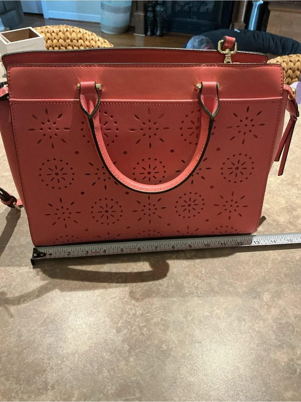 crown & ivy Coral Laser-Cut Satchel with Top Handles Pocketbook Purse